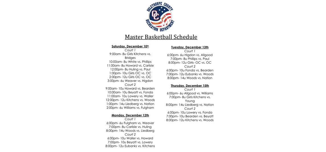 Basketball Schedule before Christmas Break